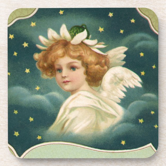 Porta-copo Natal Antigo, Anjo Vitoriano com Estrelas Douradas (Frente)