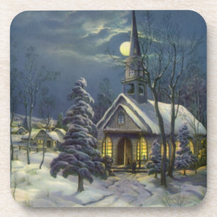 Porta-copo Natal Antigo, Igreja de Inverno na Neve com Lua