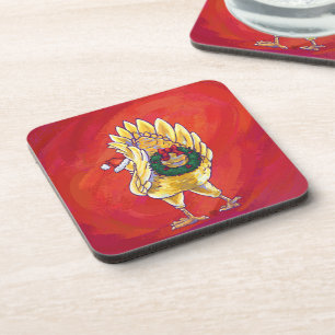 Porta-copo Natal de Galinha no Vermelho