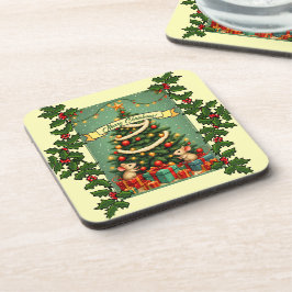 Porta-copo Natal Vitoriano Feliz Ratos Vermelho Verde Azevinh