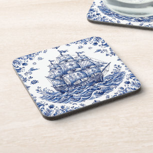 Porta-copo Navio Mercante Estilo Delft Azul e Branco