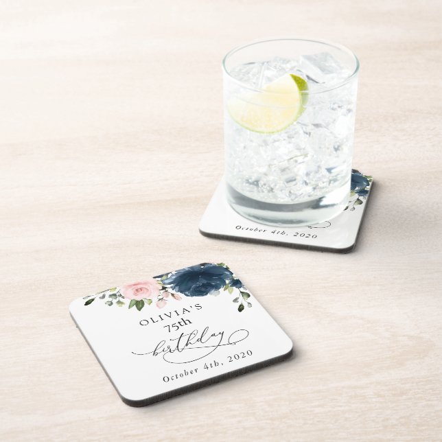 Porta-copo Navy Blue Flowers, Pink Flowers, Boho, Birthday (Lado Direito)