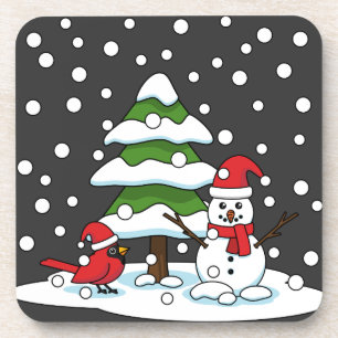 Porta-copo Neve Caindo no Cardeal, Snowman e Pine Tree