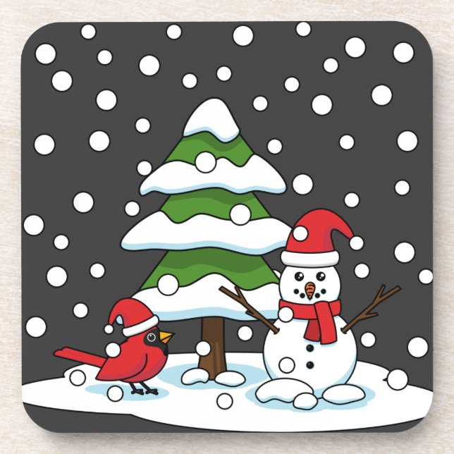 Porta-copo Neve Caindo no Cardeal, Snowman e Pine Tree (Frente)