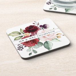 Porta-copo Noivos Florais com Aquarela Rosada e Vinho