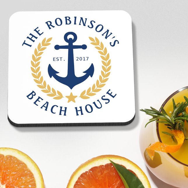 Porta-copo Nome da família Beach House Anchor Dourada Laurel  (Criador carregado)