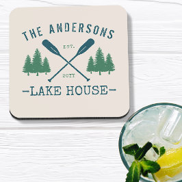 Porta-copo Nome da família Lago House Oars Rustic Pine Trees