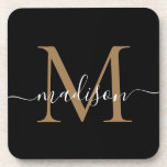 Porta-copo Nome de Script Feminina Dourada Preta do Monograma<br><div class="desc">Monograma Moderno,  Escrita Preta e Dourada,  Nome de Escrita Feminina,  Coaster</div>