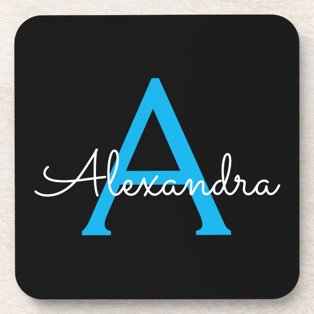 Porta-copo Nome do Monograma Girly de Script Preto Azul (Frente)