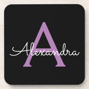 Porta-copo Nome do Monograma Girly de Script Preto Roxo