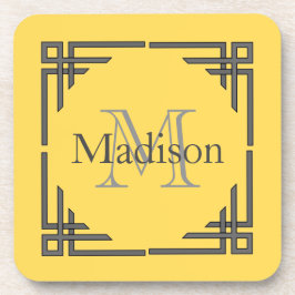Porta-copo Nome geométrico cinzento amarelo do monograma da