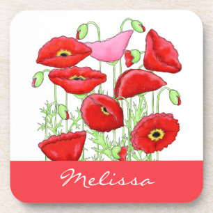 Porta-copo Nome Personalizado de Arte de Poppies Rosa Vermelh