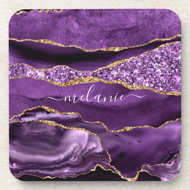 Porta-copo Nome Personalizado de Geodo Glitter Dourado Violet (Frente)