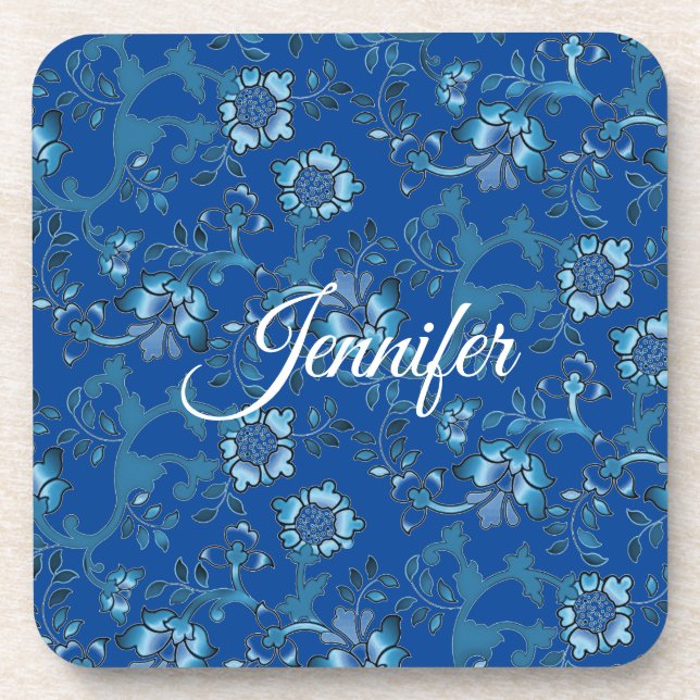Porta-copo Nome Personalizado Floral Azul Elegante para Calig (Frente)