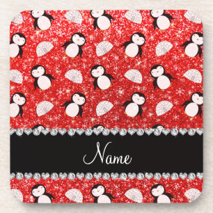 Porta-copo Nome personalizado neon red glitter penguins igloo