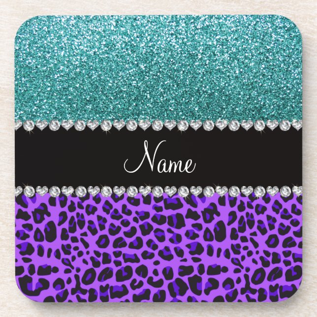 Porta-copo Nome personalizado turquesa-leopardo-roxo (Frente)