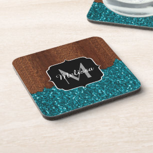 Porta-copo O azul do Aqua sparkles monograma de madeira