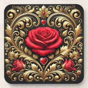 Porta-copo Obra de Arte de Coração Dourado e Rosa Vermelha Lu