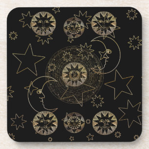 Porta-copo Ouro Sun Moon Stars Astronomia Celestial