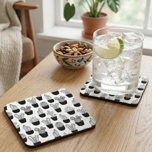 Porta-copo Padrão de Arte de Linha Negra Cactos