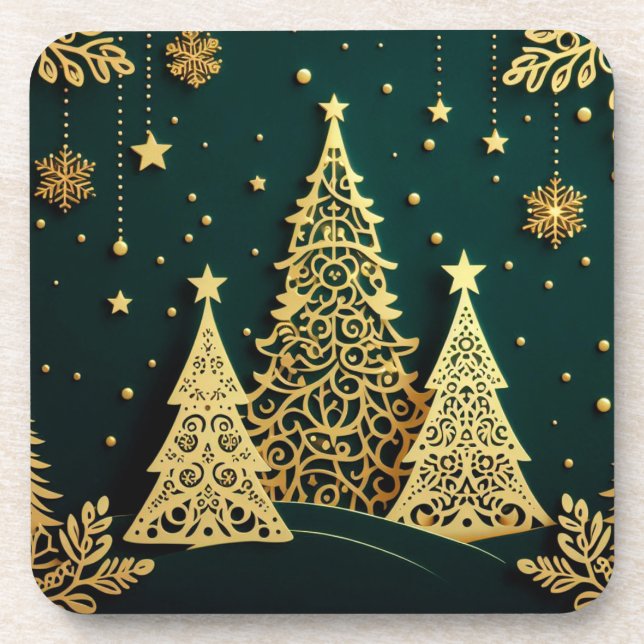Porta-copo Padrão de Árvore de Natal Dourada Elegante (Frente)