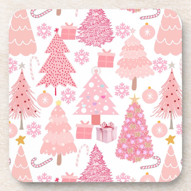 Porta-copo Padrão de Árvores de Natal Rosa (Frente)