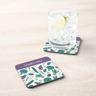 Porta-copo Padrão de beringela e brócolis com nome púrpura