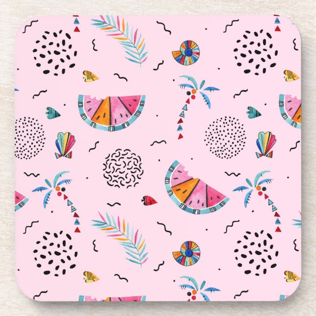 Porta-copo Padrão de Estilo de Memphis Rosa Tropical (Frente)