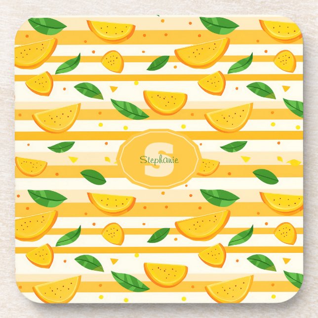 Porta-copo Padrão de Fatia Laranja com Folhas Verdes (Frente)