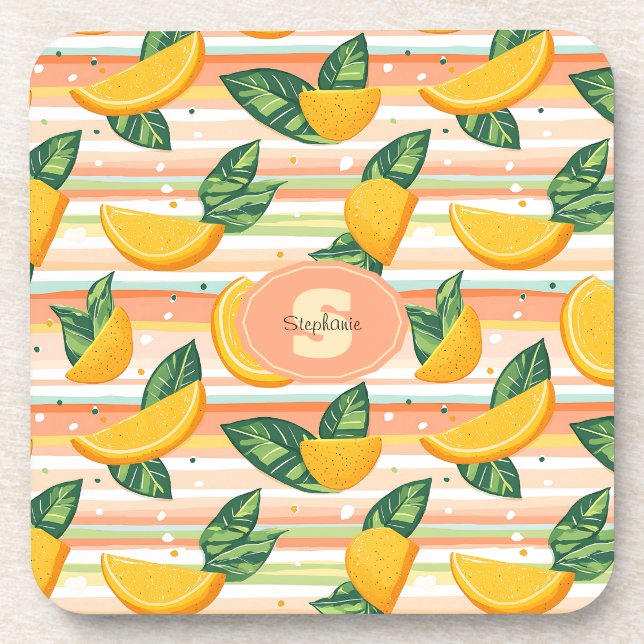Porta-copo Padrão de Fatia Laranja com Folhas Verdes no Paste (Frente)