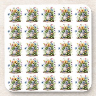 Porta-copo padrão de flores laranja, rosa, amarelo e azul