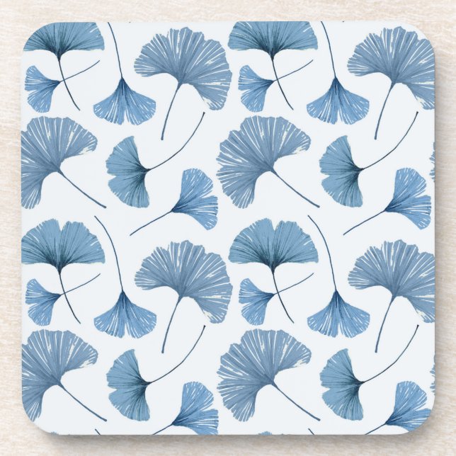 Porta-copo Padrão de folha Gingko Azul e Branco (Frente)