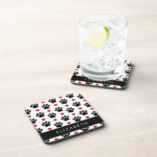 Porta-copo Padrão De Patas, Patas Negras, Corações Vermelhos,