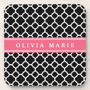 Porta-copo Padrão de Quatrefoil Preto-Rosa Personalizado