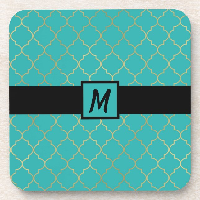 Porta-copo Padrão de Quatrefoil Teal e Dourado (Frente)