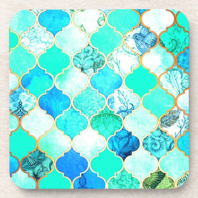 Porta-copo Padrão de Sereia Verde Azul, Teal, Dourado (Frente)