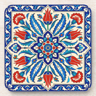 Porta-copo Padrão de Tulipa Azul Vermelha em Estilo Otomano