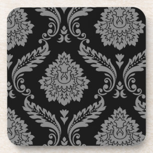 Porta-copo Padrão Deslocado Rococó Damask Cinza sobre Preto