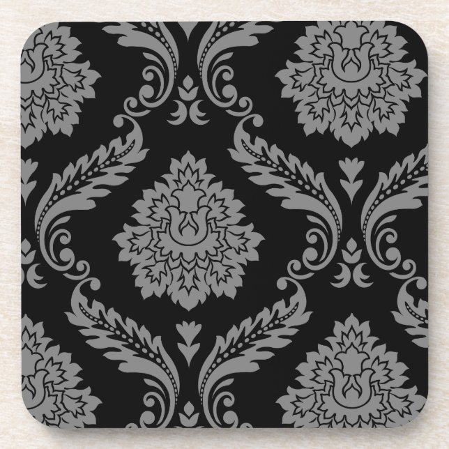 Porta-copo Padrão Deslocado Rococó Damask Cinza sobre Preto (Frente)