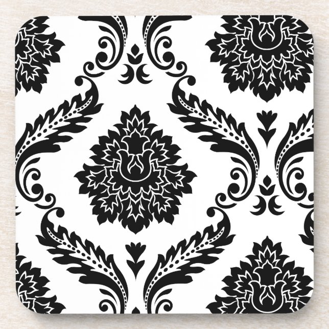 Porta-copo Padrão Deslocado Rococó Damask Preto no Branco (Frente)