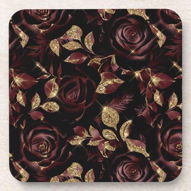 Porta-copo Padrão Floral Elegante Vermelho e Rosa Dourado (Frente)