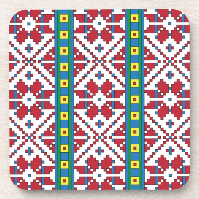 Porta-copo Padrão geométrico tribal vermelho, azul e estrela  (Frente)