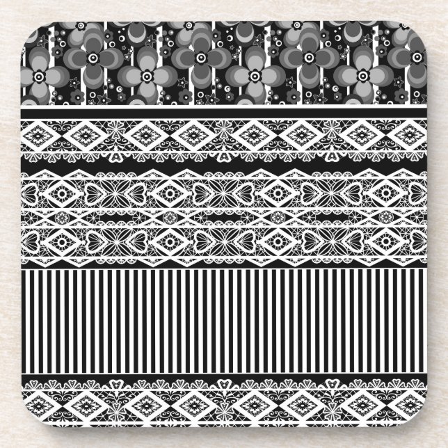 Porta-copo Padrão preto e branco com rendas e retalhos (Frente)