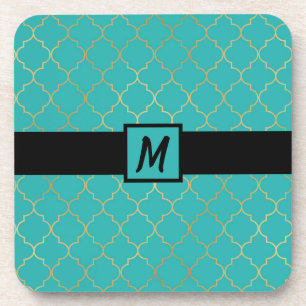 Porta-copo Padrão Quatrefoil Azul Turquesa e Dourado