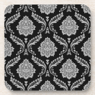 Porta-copo Padrão Rococó Damask Cinza no Preto
