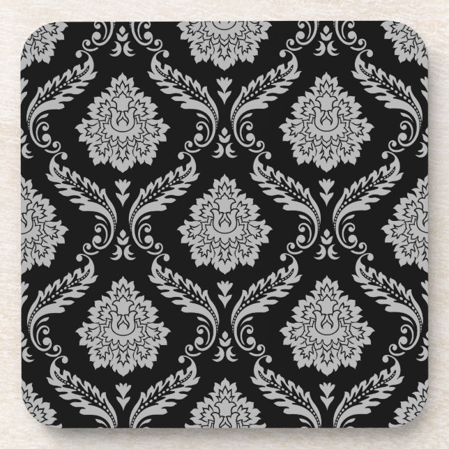 Porta-copo Padrão Rococó Damask Cinza no Preto (Frente)