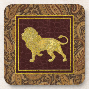 Porta-copo Padrões de Leão Paisley Vintage Dourado e Couro