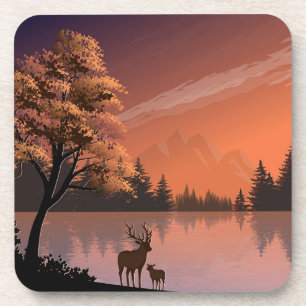 Porta-copo Paisagem Sunrise com Lago e Deers-51207