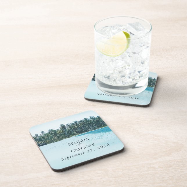 Porta-copo Palmas de Aquarela Tropical & Casamento de Praia (Lado Direito)