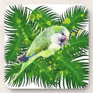 Porta-copo Papagaio verde e palmeiras aquarelas